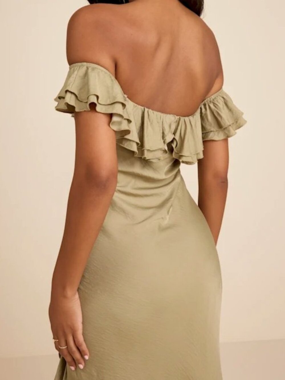 Lulus Eloisa Light Olive Satin Off-the-Shoulder Maxi Dress SIze Small New NWT - Picture 8 of 13